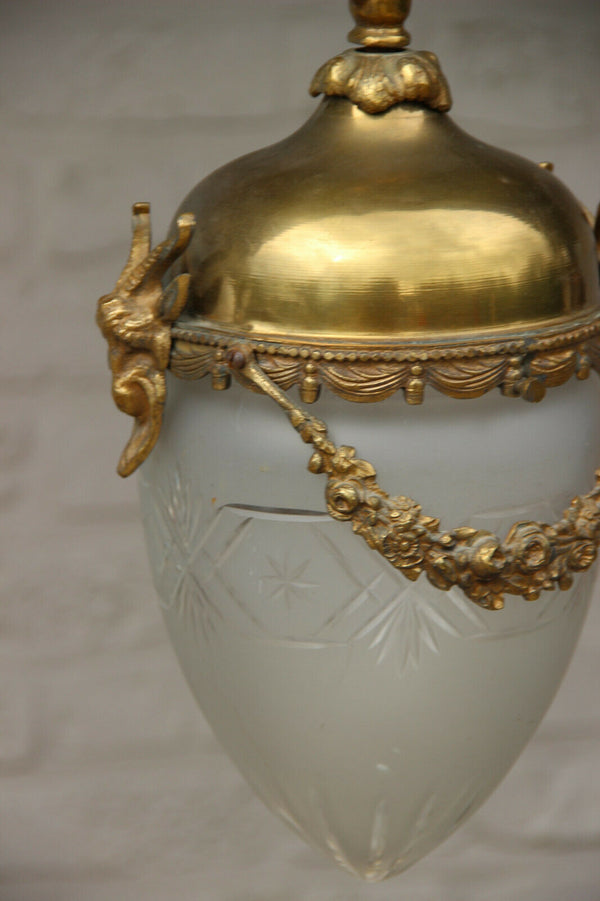 Antique french bronze crystal glass lantern chandelier eagle ram heads