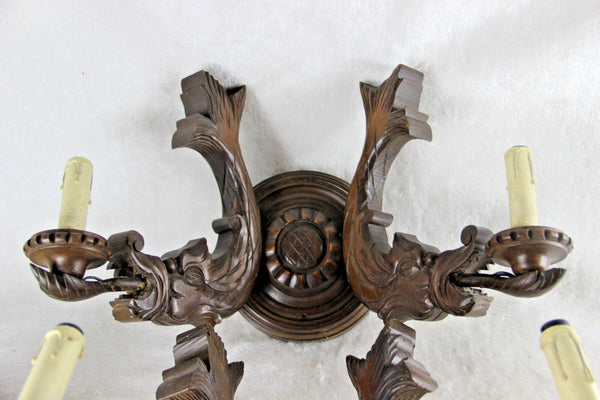 PAIR huge antique wood carved french Dragon gothic castle Wall lights sconces