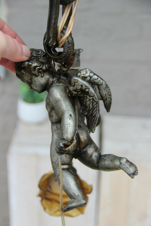 Superb antique parisian bronze putti angel pendant lantern chandelier