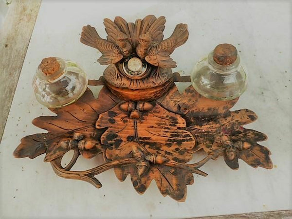 Antique BLACK FOREST wood carved rare inkwell birds couple animal