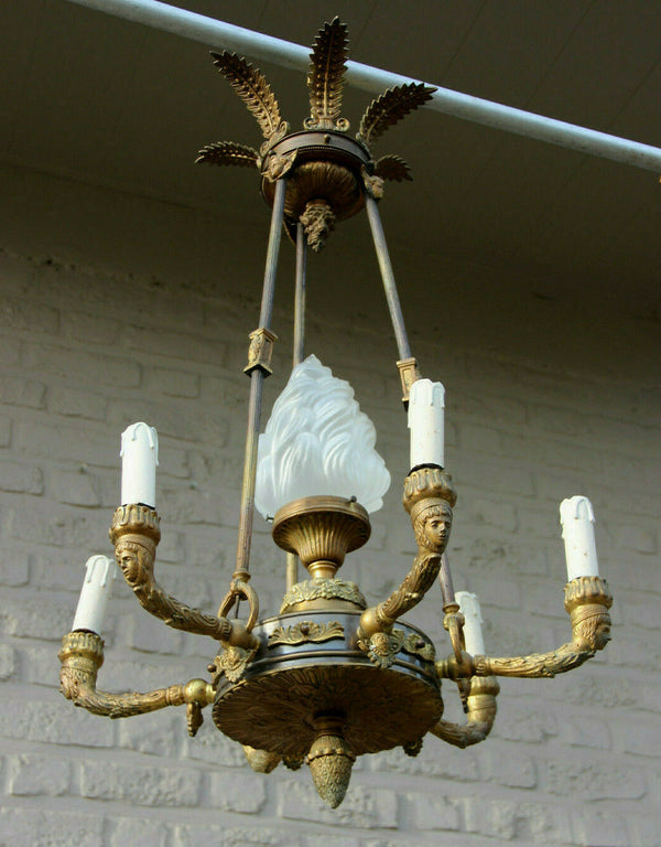 Antique empire french bronze portrait putti heads chandelier torch flame shade