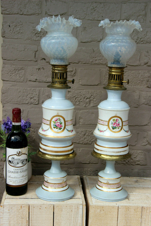 Rare PAIR antique French porcelain hand paint oil petrol lamps floral