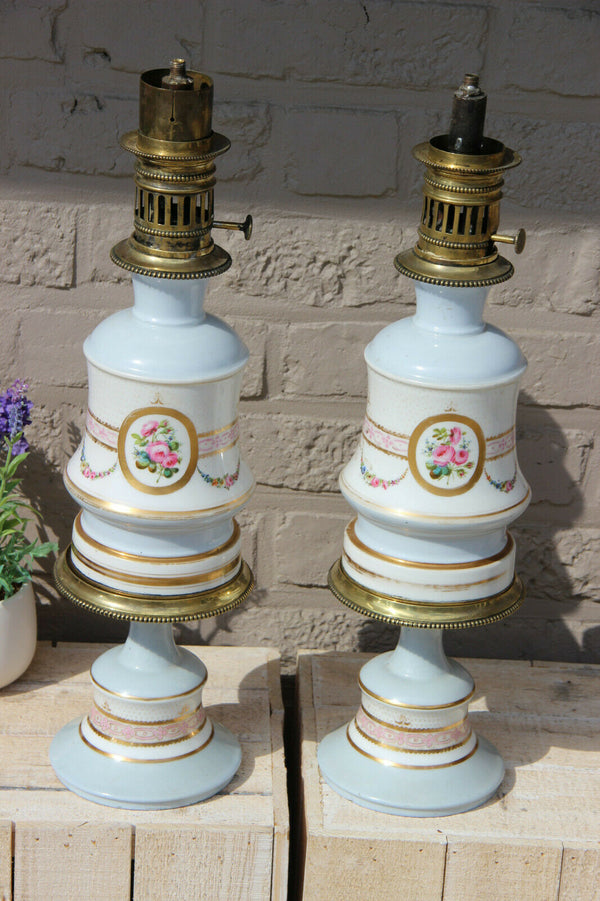 Rare PAIR antique French porcelain hand paint oil petrol lamps floral