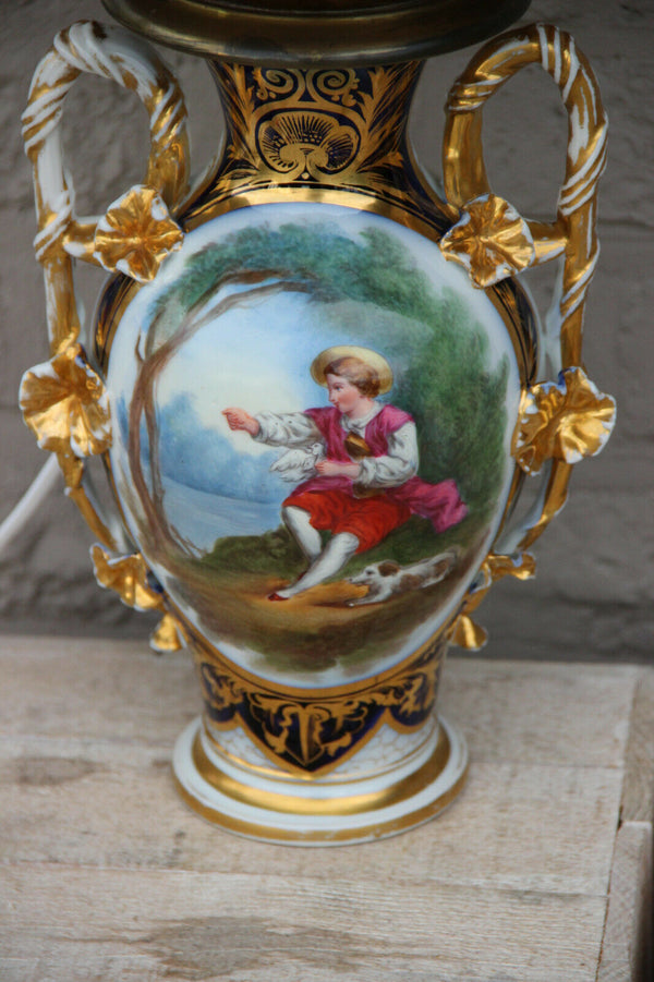 Antique French vieux paris porcelain hand paint boy dog scene vase lamp shade