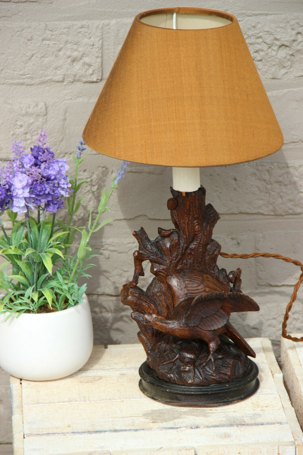 Antique German black forest wood carved Bird table lamp 1900