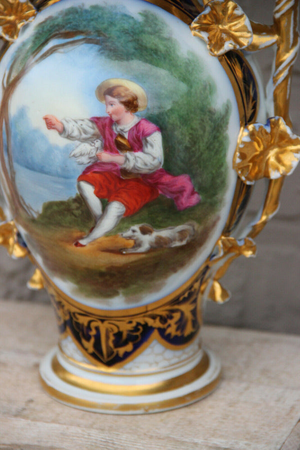 Antique French vieux paris porcelain hand paint boy dog scene vase lamp shade