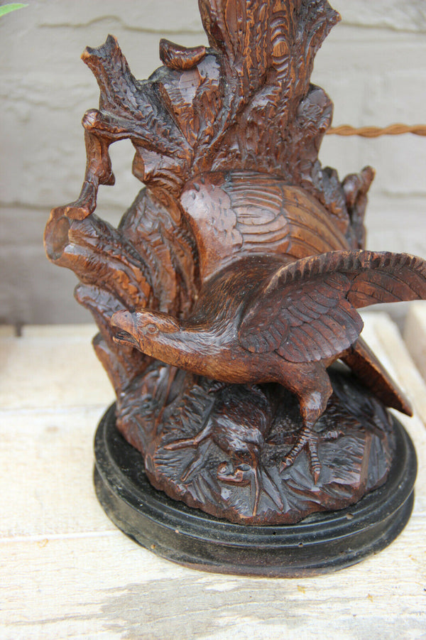 Antique German black forest wood carved Bird table lamp 1900