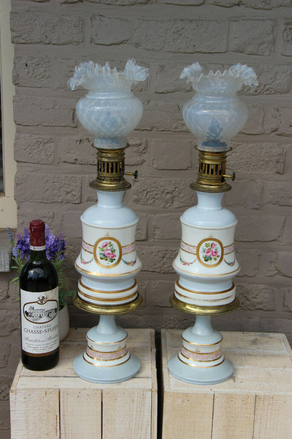 Rare PAIR antique French porcelain hand paint oil petrol lamps floral