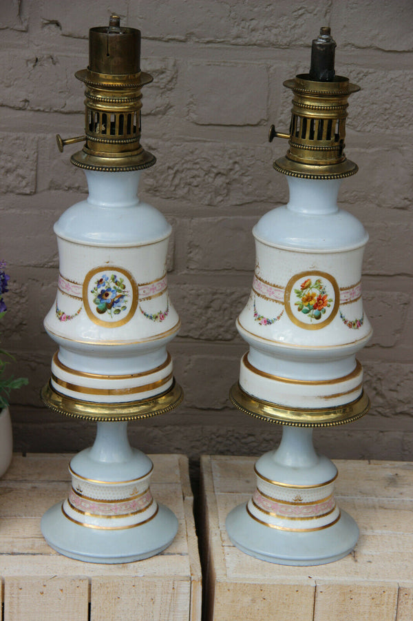 Rare PAIR antique French porcelain hand paint oil petrol lamps floral