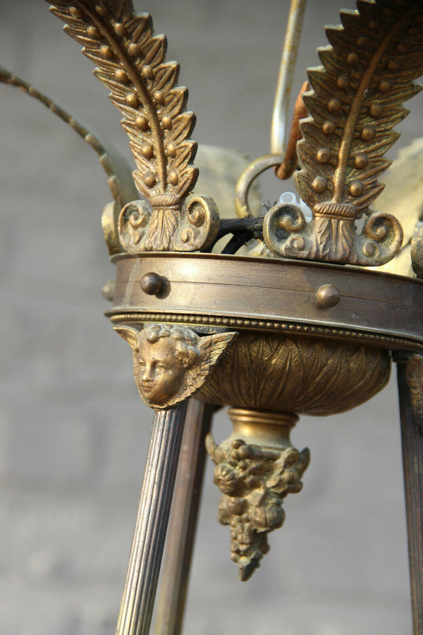 Antique empire french bronze portrait putti heads chandelier torch flame shade