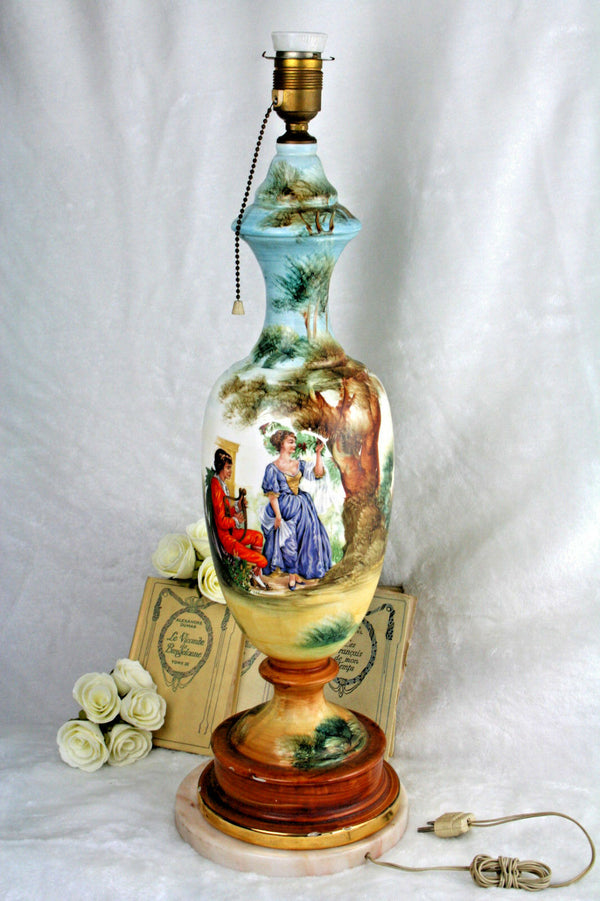 French Huge 26" antique Porcelain Table lamp 1920's rare onxy base