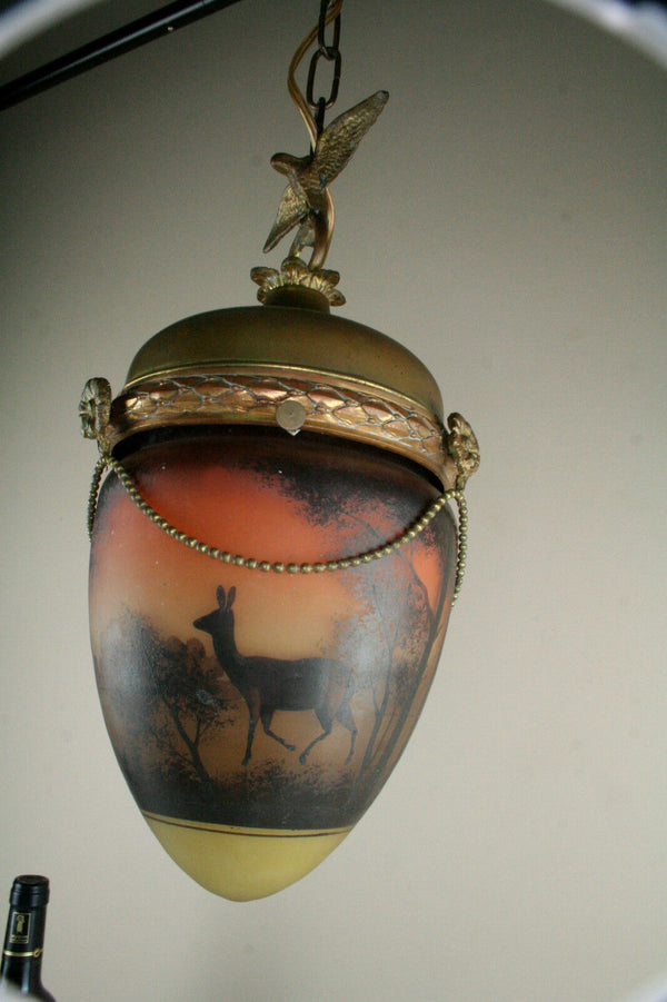 French antique Brass eagle glass paste acorn deer hunt shade rare