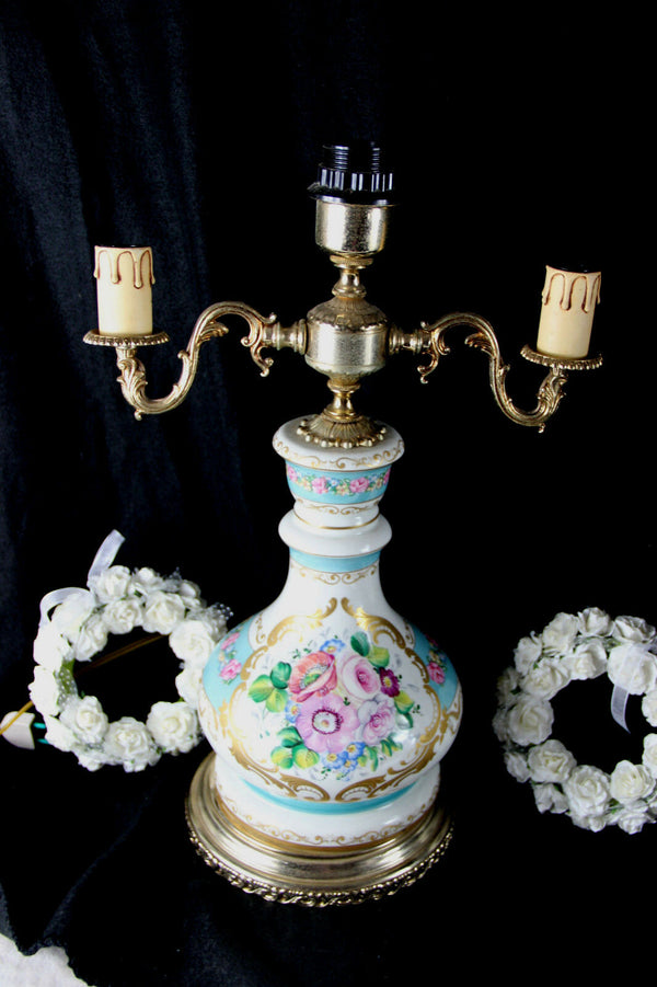 French vintage Porcelain table lamp floral decor hand paint 1970