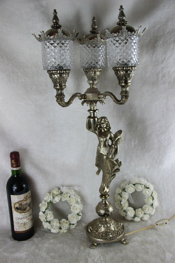 Huge Spelter bronze silver patina art nouveau lady table lamp 3 glass arm putti