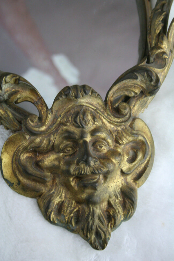 Antique XL French PAIR bronze Mirror sconces wall lights satyr faun heads 1900