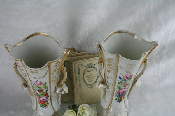 PAIR French OLD PARIS VIEUX porcelain Vases Gold gilt flower decoration