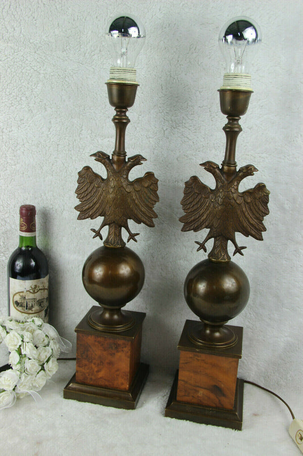 Mid century PAIR empire double eagle bronze metal wood lamps 1960