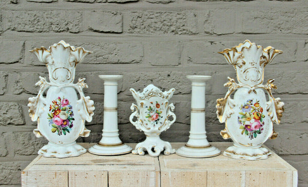 antique vieux paris porcelain  hand paint floral porcelain vases mantel set