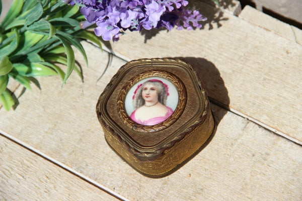 Antique french brass porcelain plaque portrait lady trinket jewelry box