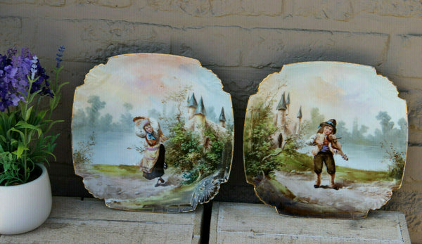 PAIR french porcelain Limoges romantic Scene boy girl castle landscape