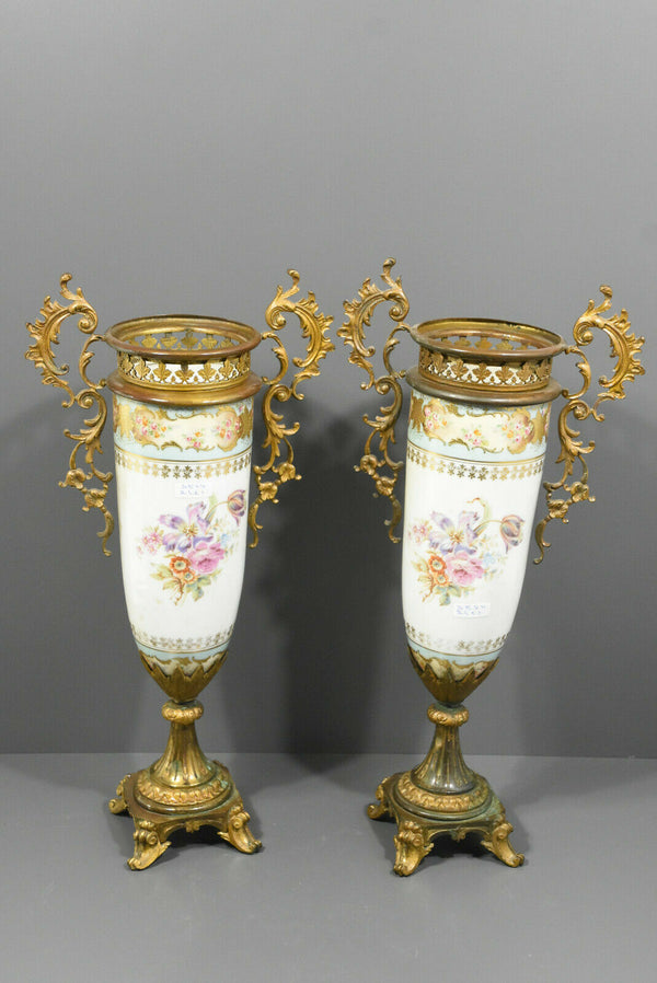 PAIR antique French bronze porcelain floral Vases urns 1920s