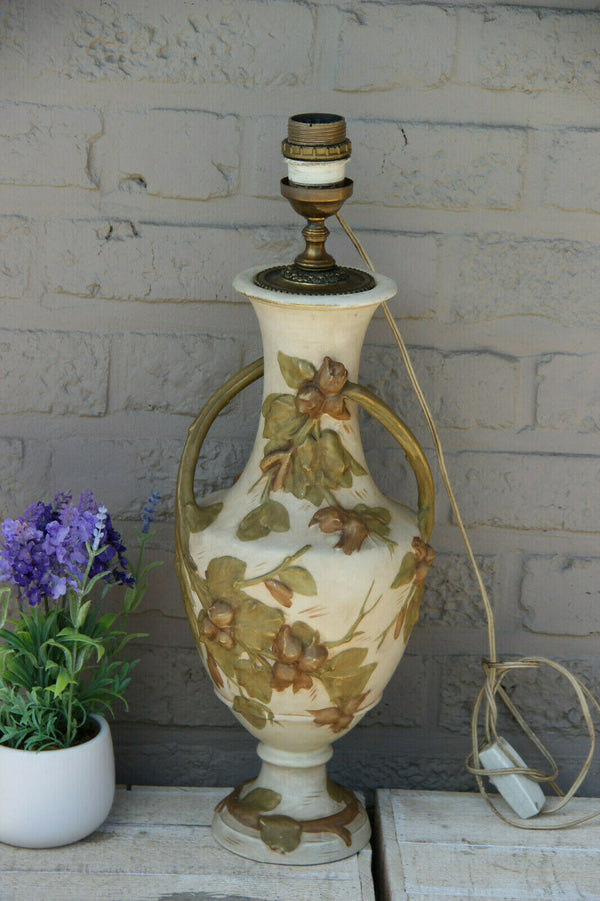 Royal DUX marked porcelain vase mounted lamp relief floral decor