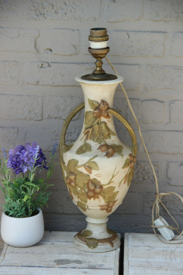 Royal DUX marked porcelain vase mounted lamp relief floral decor