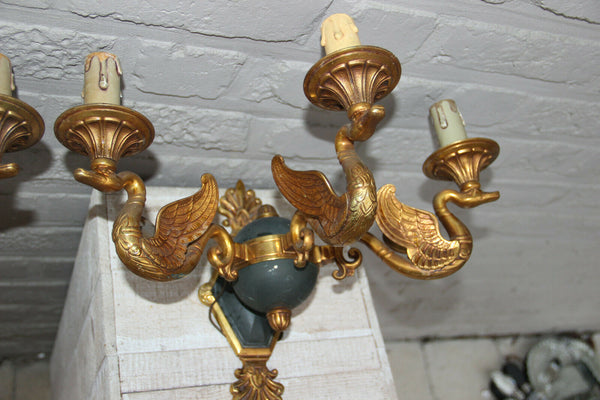 Majestical pair French bronze swan empire animal 3 arm wall sconces lights rare