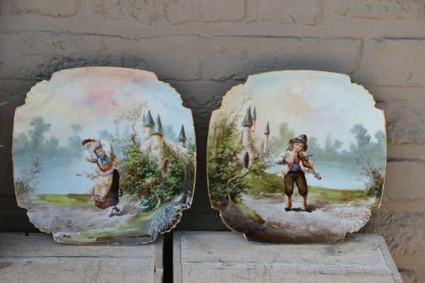 PAIR french porcelain Limoges romantic Scene boy girl castle landscape