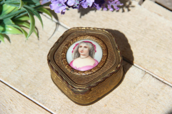 Antique french brass porcelain plaque portrait lady trinket jewelry box