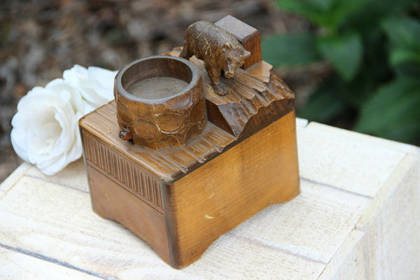 Antique hand Black forest wood carved swiss bear statue swiss music box