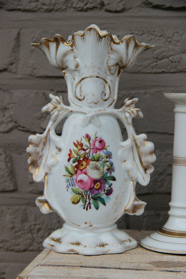 antique vieux paris porcelain  hand paint floral porcelain vases mantel set