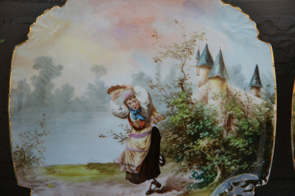 PAIR french porcelain Limoges romantic Scene boy girl castle landscape