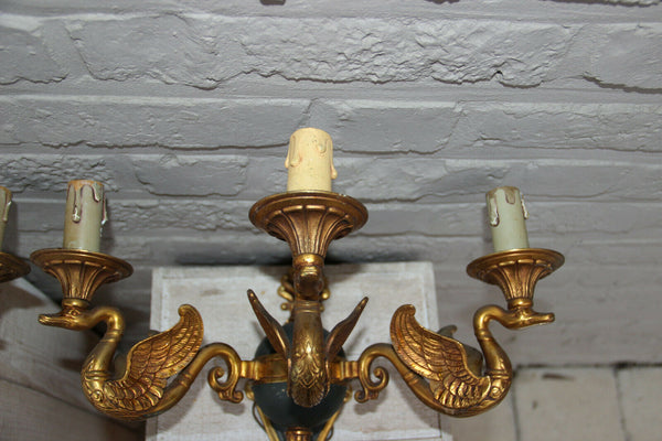 Majestical pair French bronze swan empire animal 3 arm wall sconces lights rare