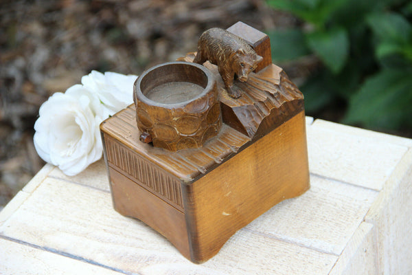 Antique hand Black forest wood carved swiss bear statue swiss music box