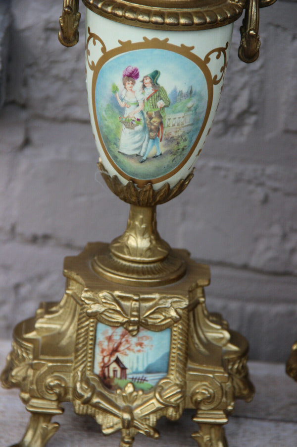 Stunning French Porcelain Clock set urns vases victorian romantic theme