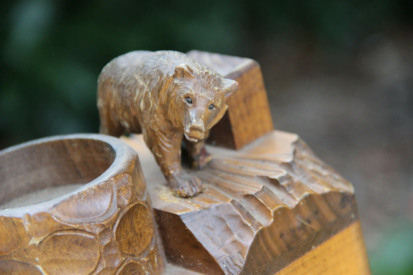 Antique hand Black forest wood carved swiss bear statue swiss music box