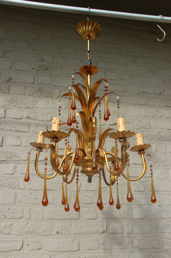 Hollywood regency mid century Maison jansen Floral metal chandelier murano drops