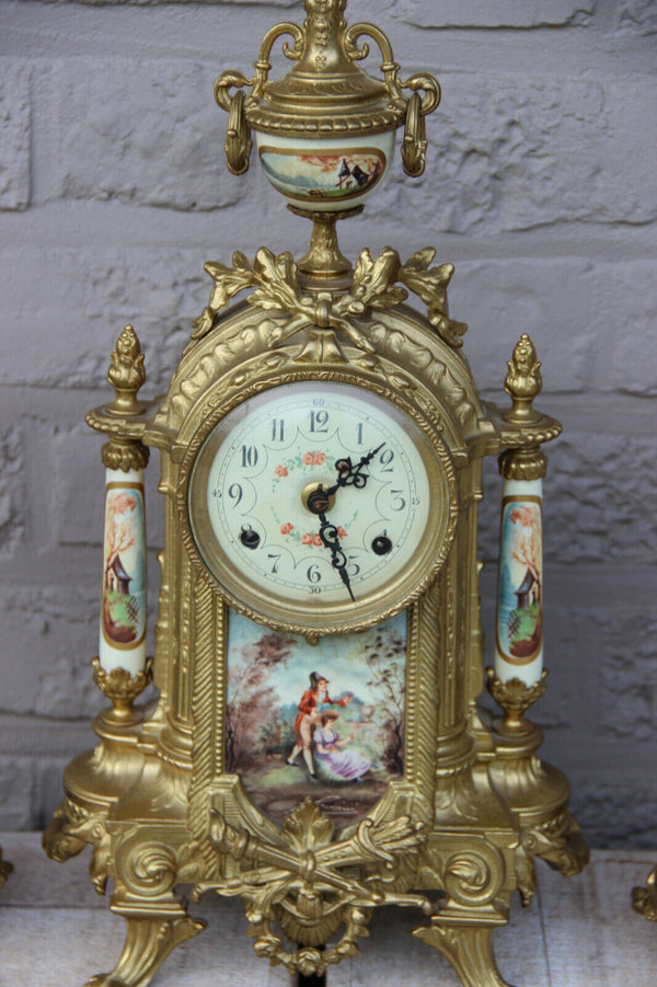 Stunning French Porcelain Clock set urns vases victorian romantic theme