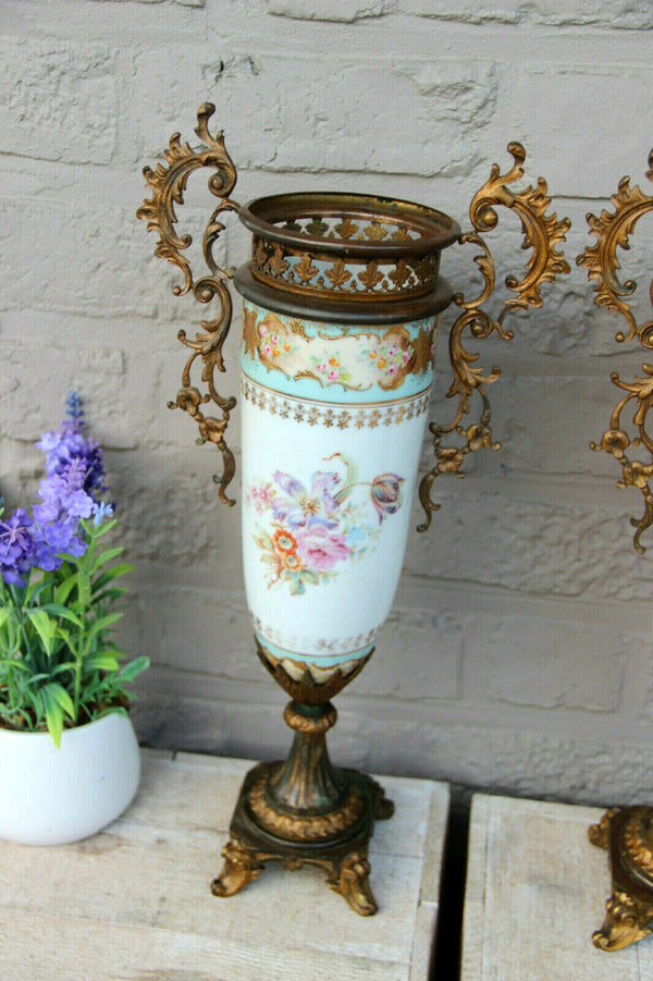 PAIR antique French bronze porcelain floral Vases urns 1920s