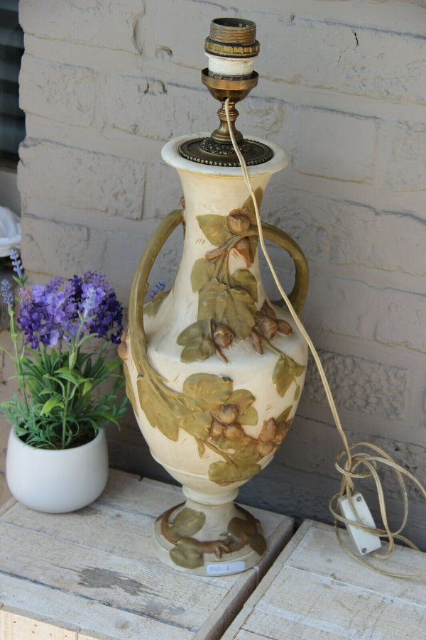 Royal DUX marked porcelain vase mounted lamp relief floral decor