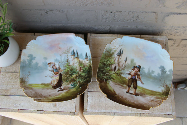 PAIR french porcelain Limoges romantic Scene boy girl castle landscape