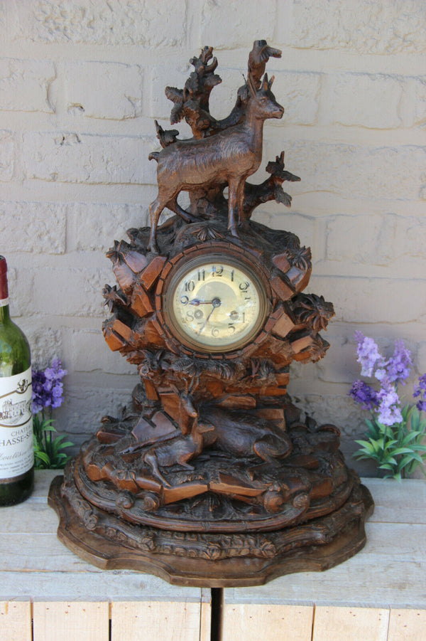 Antique Swiss XL black forest wood carved deer animal hunt cabin clock