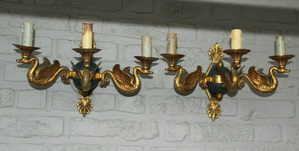 Majestical pair French bronze swan empire animal 3 arm wall sconces lights rare