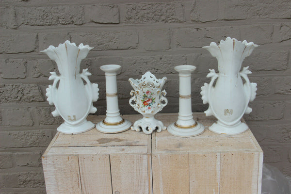 antique vieux paris porcelain  hand paint floral porcelain vases mantel set