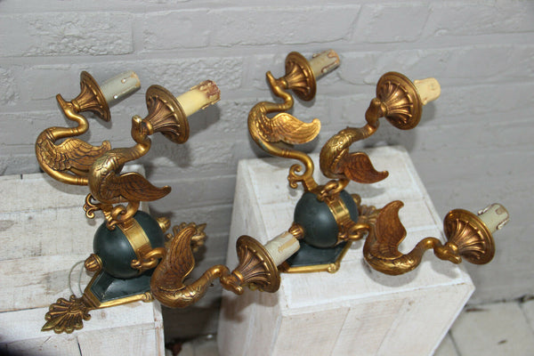 Majestical pair French bronze swan empire animal 3 arm wall sconces lights rare