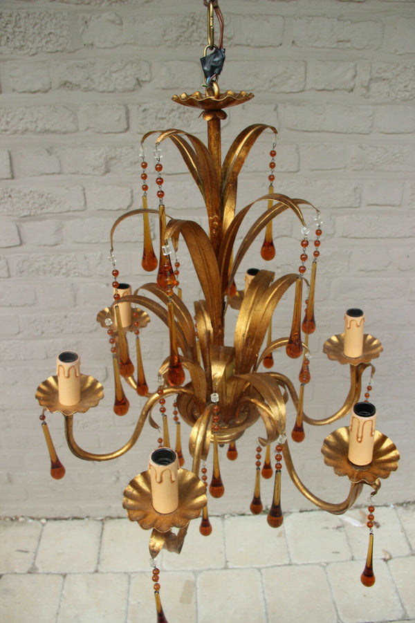 Hollywood regency mid century Maison jansen Floral metal chandelier murano drops