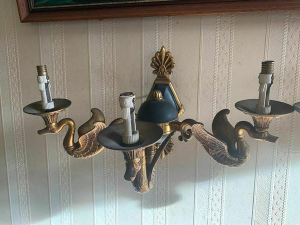 Majestical pair French bronze swan empire animal 3 arm wall sconces lights rare