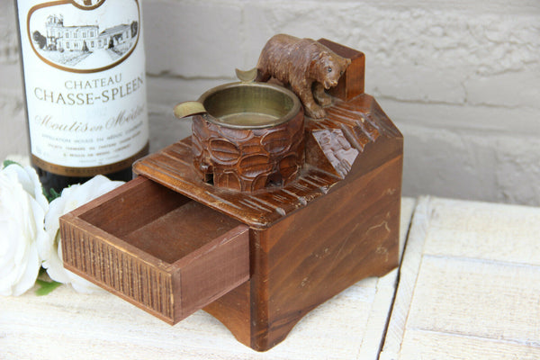 Antique hand Black forest wood carved swiss bear statue  music box ashtray