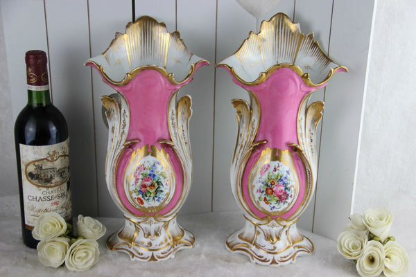 PAIR French antique 1900 Vieux paris top porcelain Vases hand paint floral decor